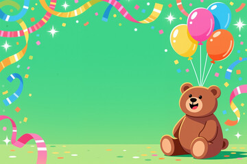 Fototapeta premium A cartoon teddy bear sits on a green background surrounded by colorful balloons, streamers, and confetti in a festive atmosphere.