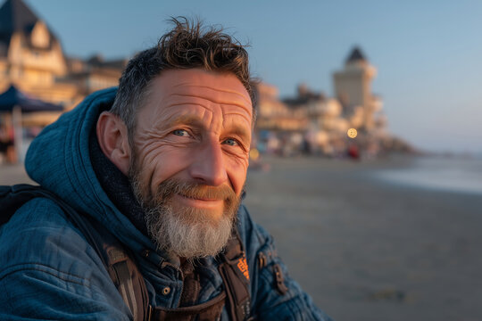 Senior man enjoys peaceful moments by the beach during a calm weekend