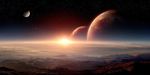 Pixelated Planets Rising Above Cityscape With Glowing Horizon and Starry Night