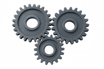 Three gray gears interlocking, creating a unified mechanism for connection, cooperation, and teamwork on transparent background