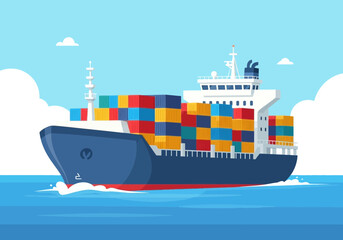 Cargo ship at sea vector illustration for shipping and transportation
