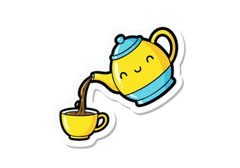 Obraz premium Cartoon coffee pot pouring into a cup illustration
