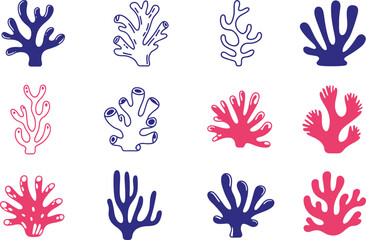 Fototapeta premium Vibrant coral reef icons in blue and pink for ocean-themed designs