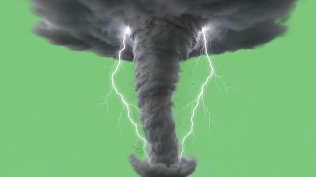 Dynamic Weather Fury: An ominous tornado descends, electrifying the sky with bolts of lightning, a spectacle of nature's raw power and unpredictable force.