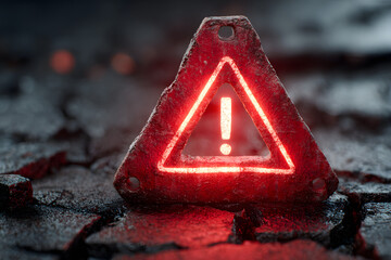 Red danger and warning sign. Caution. Technological accident. Breaking news. Important message. Emergency. Safety, risk management, workplace security.