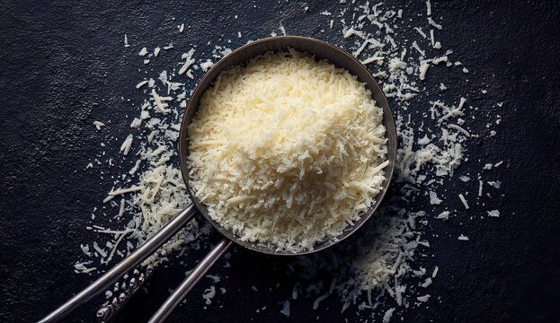 Grated Cheese Filling A Measuring Cup On Black Surface With Scattered Crumbs and Overhead Shot