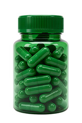 Green capsule in green pill bottle isolated on transparent background png