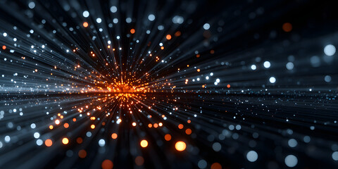 Binary code streams radiate from center as dotted lines. Digital data flow graphic for tech, AI or network concepts. Abstract visualization of information transfer or system expansion.