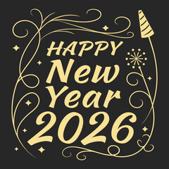 Happy new year 2026, new year text effect, editable shiny gold text style  for t-shirt design.