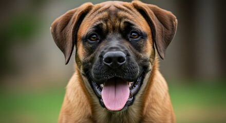 Obraz premium Close up portrait of a brown and black dog with tongue out