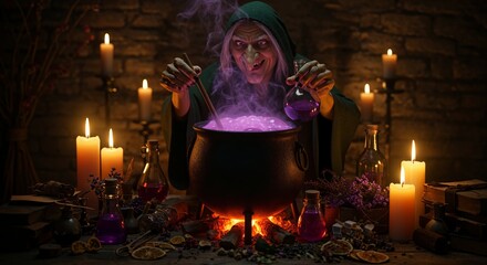 Bottles of potions, burning candles and other accessories of the witch on a wooden table. Halloween concept