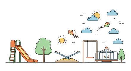 A charming illustrated scene of a park playground with a slide, swing set, roundabout, sandbox, and kite flying in the sunny sky with fluffy clouds