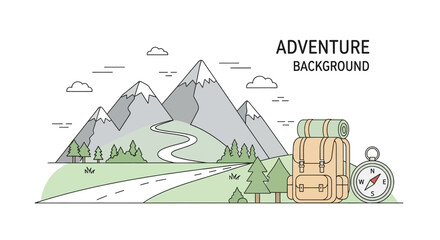 Adventure background illustration with mountains, road, backpack, and compass, vector design