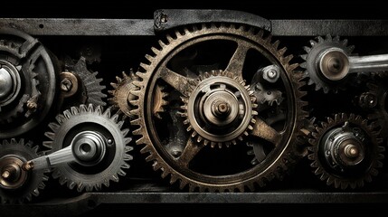 clockwork. A close-up of a complex mechanical gear mechanism with a central gear jammed. event key visuals, club posters, designed for sports event promotions and stadium branding.