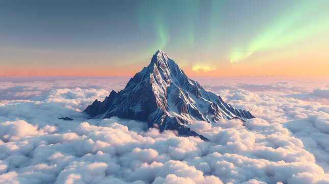 Majestic snow-capped mountain peak piercing through fluffy white clouds under aurora borealis.