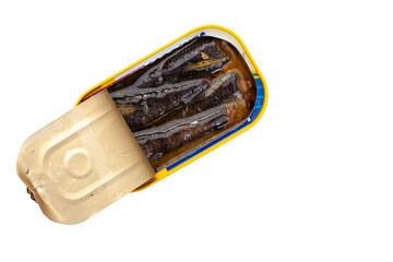 single can of fish, opened with sardines inside