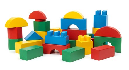 Obraz premium Colorful wooden blocks displayed on white background with copy space