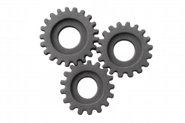 Interlocking industrial metal gears mechanism forming teamwork concept on transparent background