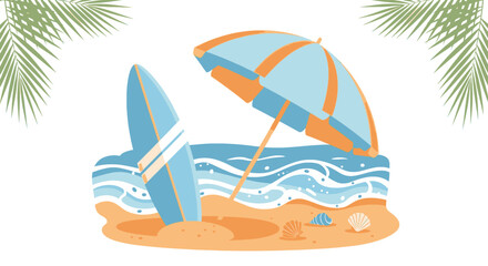 Tropical paradise vacation concept with a surfboard and beach umbrella on a sandy shore by the ocean