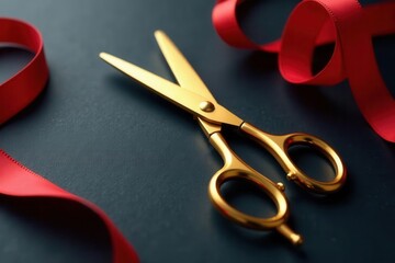 Golden scissors slicing red ribbon, high angle , background, shop