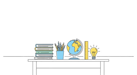 School supplies and educational materials arranged on a desk, including books, globe, ruler, and light bulb representing knowledge and learning