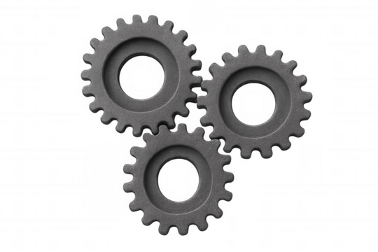 Interlocking industrial metal gears mechanism forming teamwork concept on transparent background
