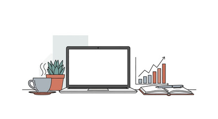 Modern Workspace Illustration Laptop, Coffee, and Growth Chart Elements for Productivity