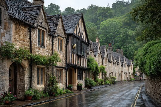 Historic Stone Buildings Lining Wet Street under Rainy Skies with Green Foliage