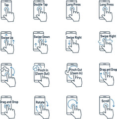 Create a kinds of deferent Simple set for operating a smartphone vector art with white background.