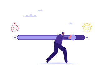 Customer satisfaction or feedback concept, customer touching loading bar for rating feedback scale, loading giving smile emoticon, service rating, feedback