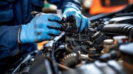 Obraz premium Auto mechanic fixes car engine to ensure optimal performance and reliability for drivers