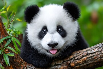 Naklejka premium Panda cub relaxing in tree sticking out tongue