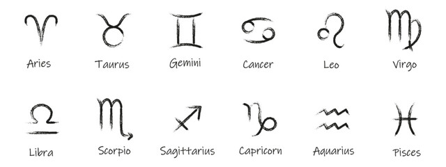 Vector Chalk texture Zodiac signs set isolated white backgorund. Perfect Chalk textured Zodiac symbols for astrology poster banner social media and web.