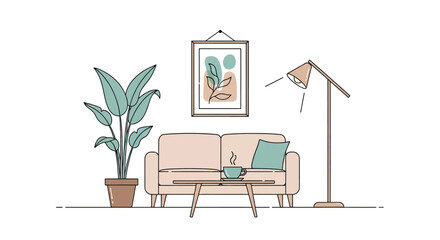 Cozy Living Room Illustration A Relaxing Space with Plants, Sofa, and Artwork