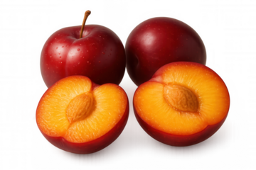 Fresh red plums with water drops, one whole and one cut in half showing pits and juicy pulp