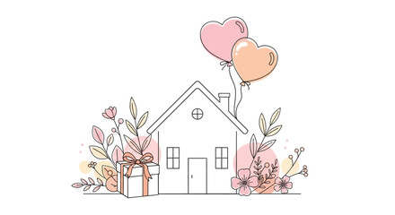 Heart Balloons Ascend Above House, Gift Box & Floral Decor, Line Art Illustration