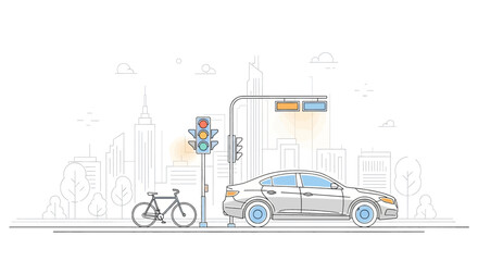 Line art illustration of urban transport, a car and a bicycle waiting at a traffic light on a city street with a modern skyline background