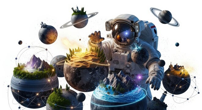 An astronaut interacting with a collection of diverse miniature planets and cosmic elements.