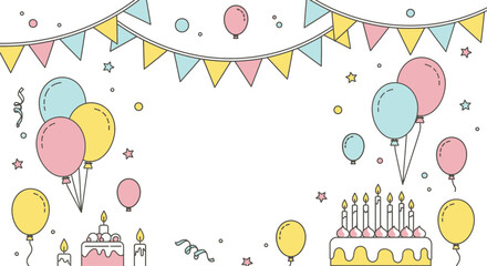 Delightful Pastel Birthday Celebration Background with Festive Line Art Decorations, Balloons, Cakes, and Banners for Joyful Parties and Special Occasions