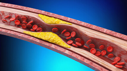 Atherosclerosis with cholesterol blood or plaque in vessel cause of coronary artery disease