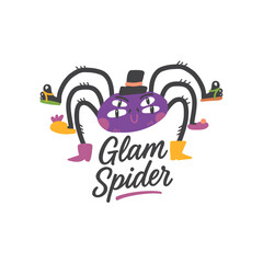 Cute Glam Spider Illustration. Modern Halloween Cartoon Character with Stylish Shoes and Hat. Funny Vector Art