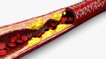 Atherosclerosis with cholesterol blood or plaque in vessel cause of coronary artery disease