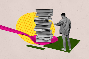 Pop art full zine photo collage of happy girl guy stand library academic book stack education learner vocabulary encyclopedia spoon