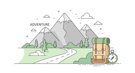 Adventure Awaits Explore the Mountains with Backpack, Compass, and Open Road - Travel Concept