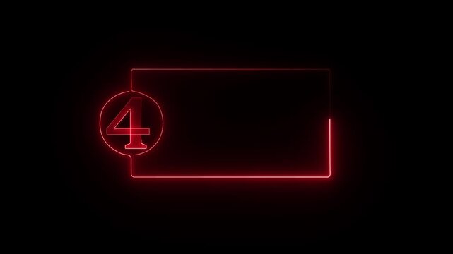 colorful glowing neon 4 text icon animation. Square rectangle picture frame with one tone neon color motion graphic on isolated black a background.4k video black background,