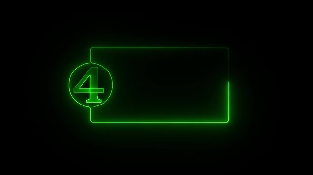 colorful glowing neon 4 text icon animation. Square rectangle picture frame with one tone neon color motion graphic on isolated black a background.4k video black background,