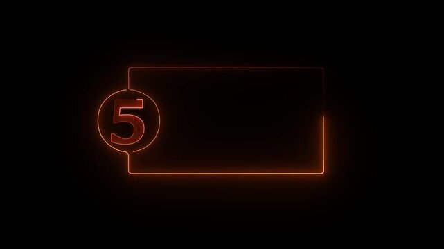 colorful glowing neon 5 text icon animation. Square rectangle picture frame with one tone neon color motion graphic on isolated black a background.4k video black background,