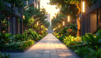 Sunlit pathway lined with lush greenery and modern architecture, creating a serene urban oasis