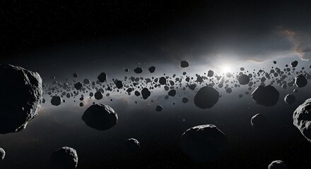 Cosmic asteroid field in space with sunlight and dramatic atmospheric effect
