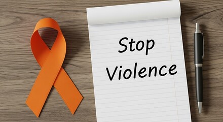 Orange ribbon and notepad with stop violence message on wood image